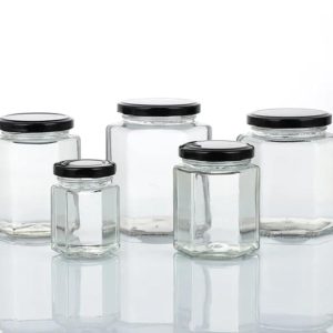 bocal en verre alimentaire hexagonal Bocal en verre alimentaire hexagonal avec couvercle métal noir emballage alimentaire maroc (2)