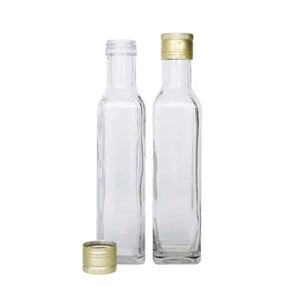 Bouteille marasca transparent avec bouchon métal doré (1)