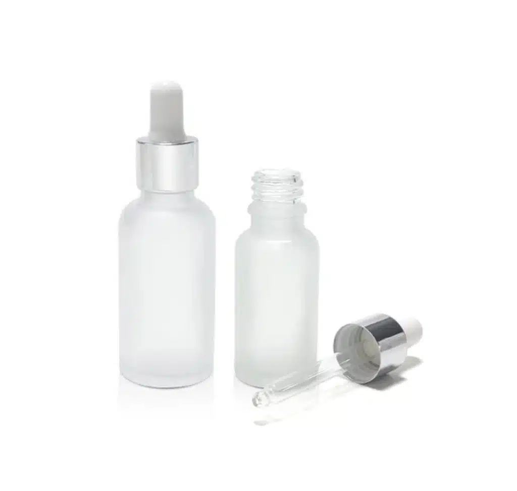 Flacon En Verre Givré Compte-Goutte De 10ml a 100ml Avec Bouchon Argenté-Blanc