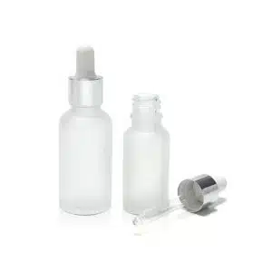 Flacon En Verre Givré Compte-Goutte De 10ml a 100ml Avec Bouchon Argenté-Blanc