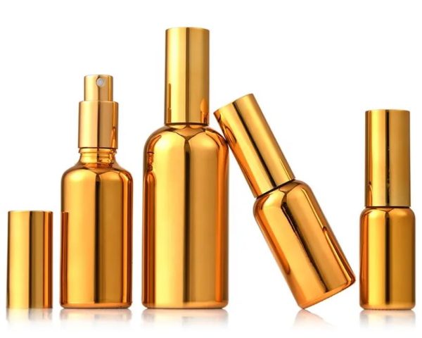 Flacon en verre doré avec vaporisateur bouchon spray pour emballage cosmétique fati pack packaging et emballage maroc