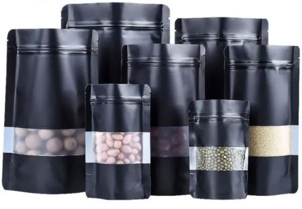 Sachets d'emballage alimentaire à fermeture éclair en aluminium noir mat, sac refermable emballage alimentaire maroc fati pack