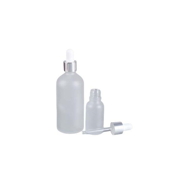 bouteilles-en-verre-givre-semi-transparente-avec-pipette-blanche-et-cercle-argente-pour-emballage-cosmetique maroc fati pack