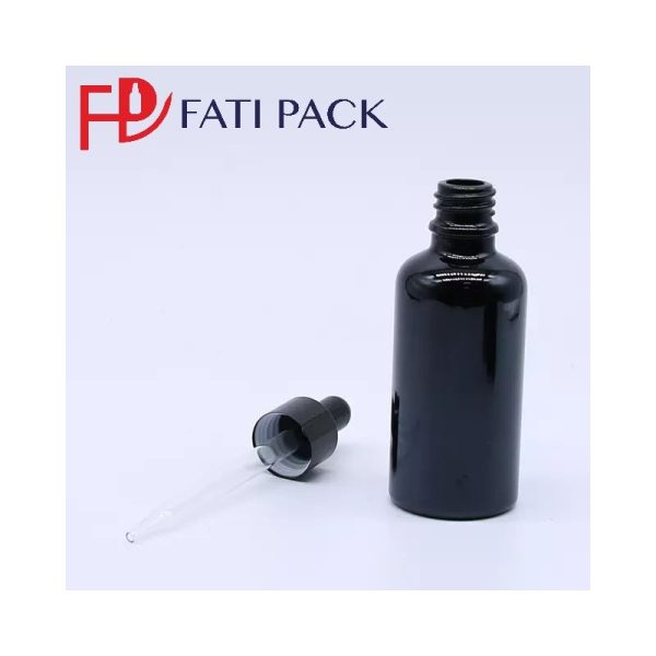 flacons-compte-gouttes-d-huile-essentielle-en-verre-noir-avec-pipette-noir-emballage-cosmetique en verre maroc fati pack