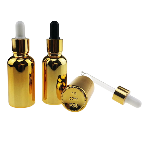 Flacons compte-gouttes en verre doré avec pipette noir pour emballage cosmétique de luxe fati pack emballage packaging maroc