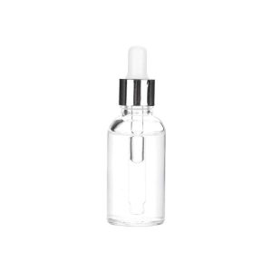 flacon-en-verre-transparent-avec-pipette-blanche-et-cercle-argente-pour-emballage-cosmetique verre maroc fati pack