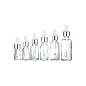 flacons-en-verre-transparent-avec-pipette-blanche-et-cercle-argente-pour-emballage-cosmetique maroc fati pack