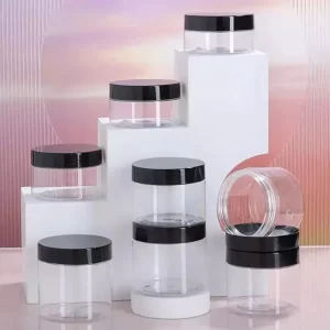 Pots en Plastique Cosmétique Transparent Emballages Élégants Pots en Plastique Transparent avec Couvercles Noir Fati Pack emballage maroc