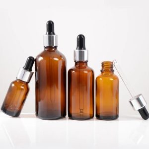 Flacon compte-goutte en verre marron clair de 10ml a 100ml avec bouchon pipette argenté-noir