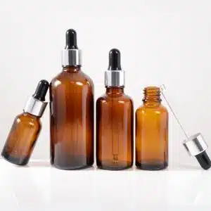 Flacon compte-goutte en verre marron clair de 10ml a 100ml avec bouchon pipette argenté-noir