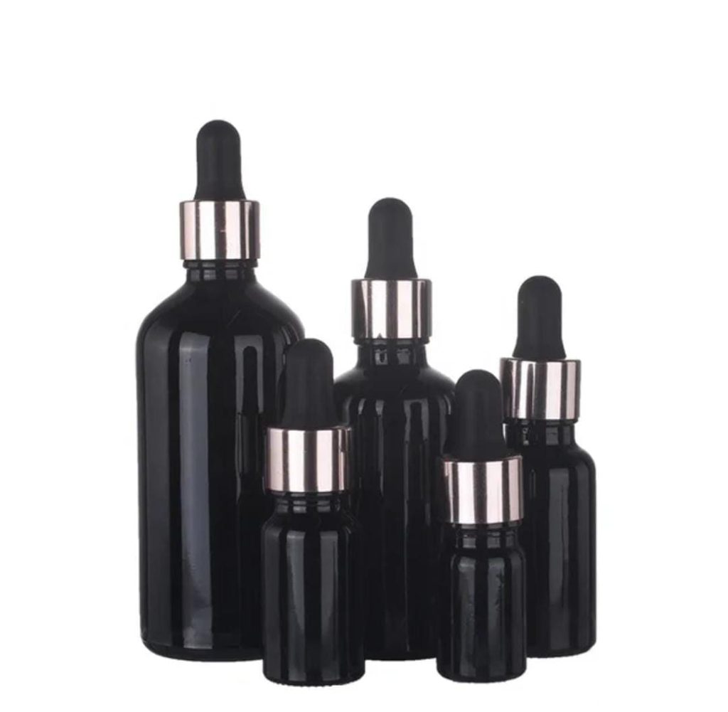 Flacon Compte-Goutte Noir En Verre De 10ml a 100ml Avec Bouchon Argenté-Noir