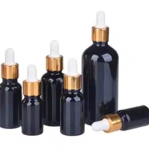 Flacon compte goutte verre noir bouchon doré-blanc (3)