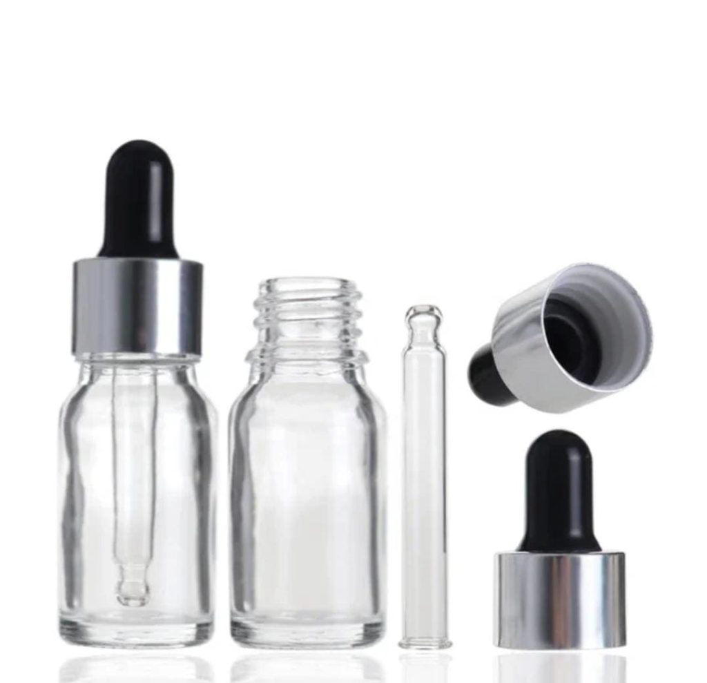 Flacon Compte-Goutte Transparent En Verre  De 15ml a 100ml Avec Bouchon Argenté-Noir