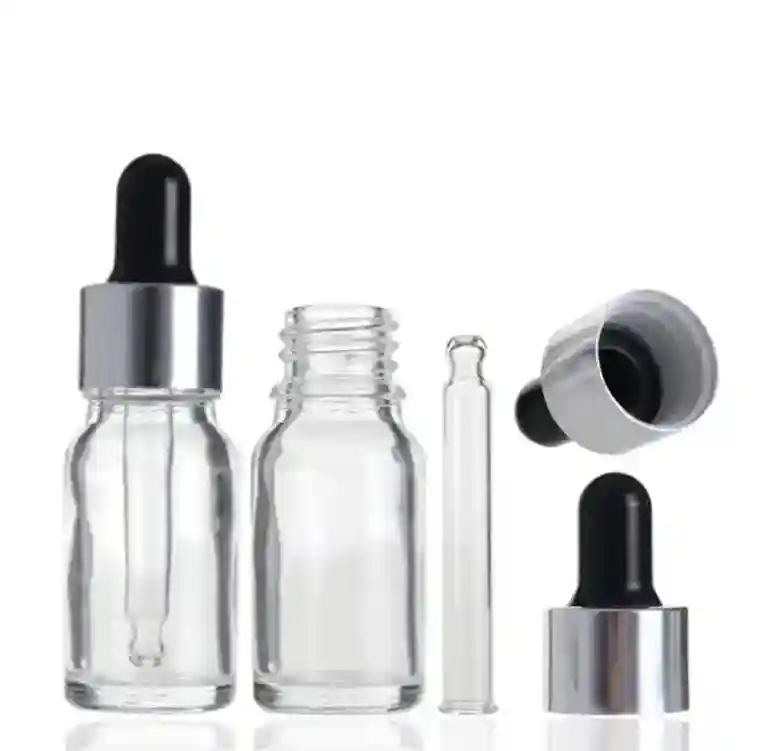 Flacon Compte-Goutte Transparent En Verre  De 15ml a 100ml Avec Bouchon Argenté-Noir