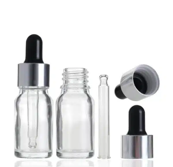 Flacon Compte-Goutte Transparent En Verre De 15ml a 100ml Avec Bouchon Argenté-Noir