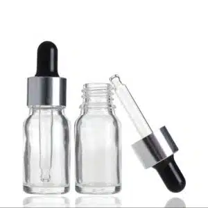 Flacon compte goutte verre transparent bouchon argenté-noir (2)