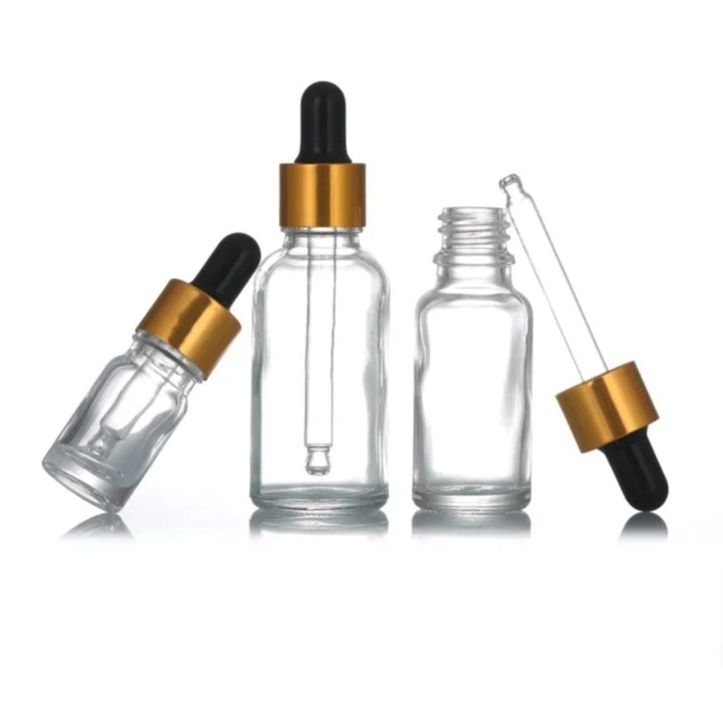 Flacon Compte-Goutte Transparent En Verre  De 15ml a 100ml Avec Bouchon Doré-Noir