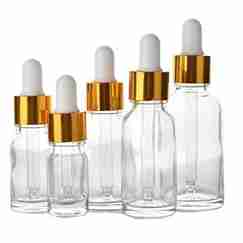 Flacon compte goutte verre transparent bouchon doré-blanc (2)