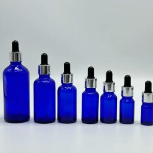 Flacon verre bleu bouchon argenté -noir