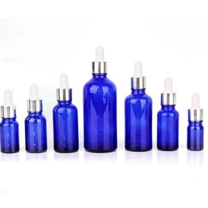 Flacon verre bleu pipette argenté