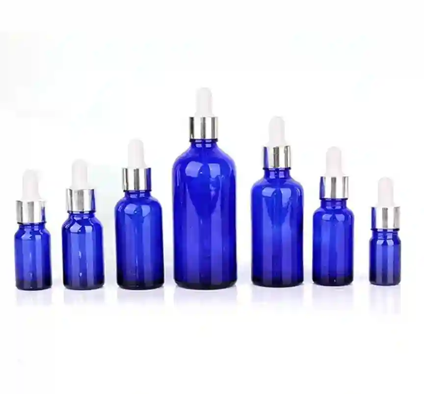 Flacon verre bleu pipette argenté