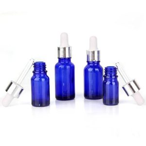Flacon En Verre Bleu Compte-Goutte De 10ml a 100ml Avec Bouchon Argenté-Blanc