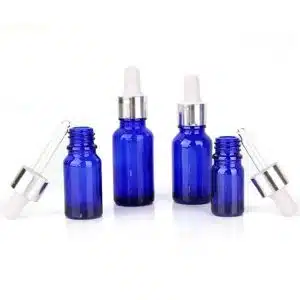 Flacon En Verre Bleu Compte-Goutte De 10ml a 100ml Avec Bouchon Argenté-Blanc