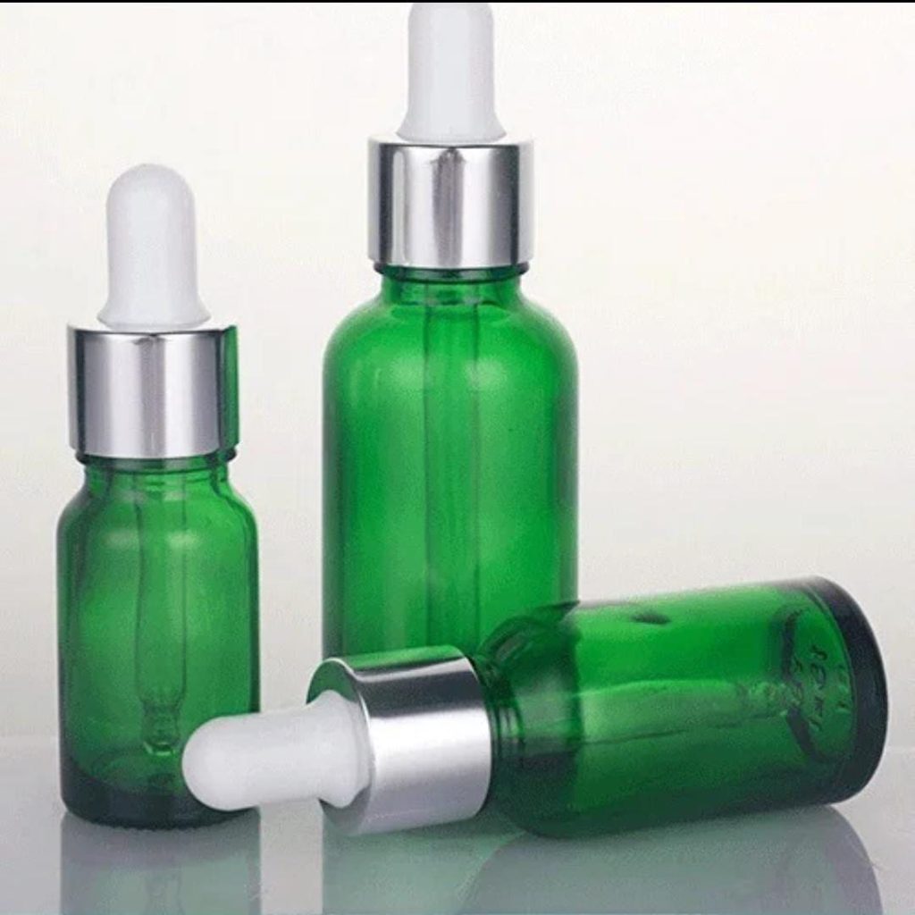 Flacon Compte-Goutte En Verre Vert De 10ml a 100ml Avec Bouchon Argenté-Blanc