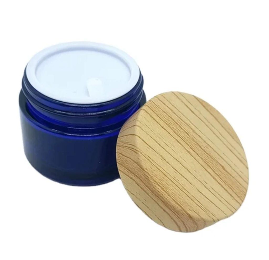 Pot Cosmétique En verre Bleu 50g Avec Couvercle En Bois Plastique