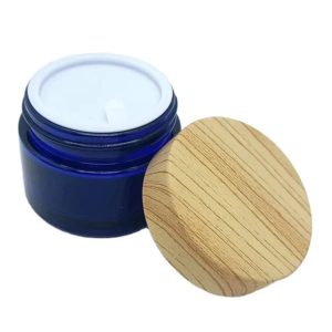 Pot Cosmétique En verre Bleu 50g Avec Couvercle En Bois Plastique