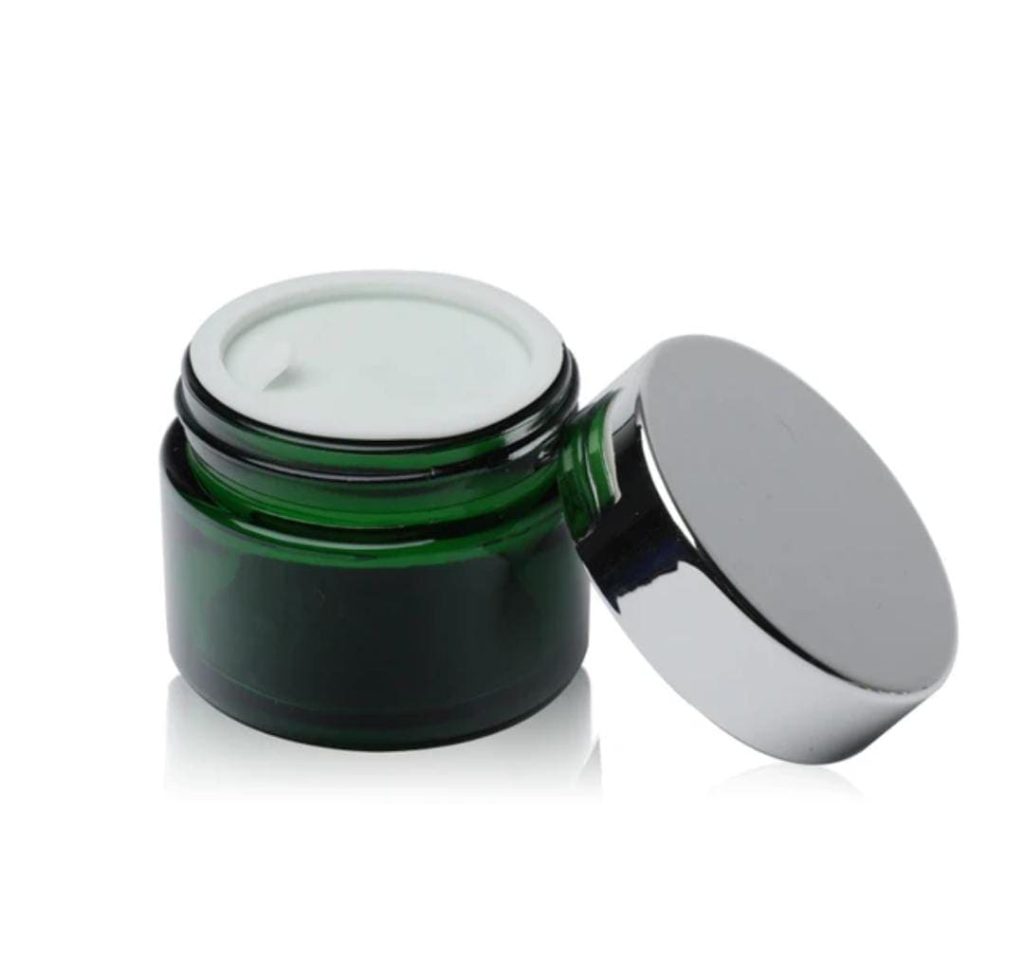 Pot En verre Vert Cosmétique 50g Avec Couvercle Argenté