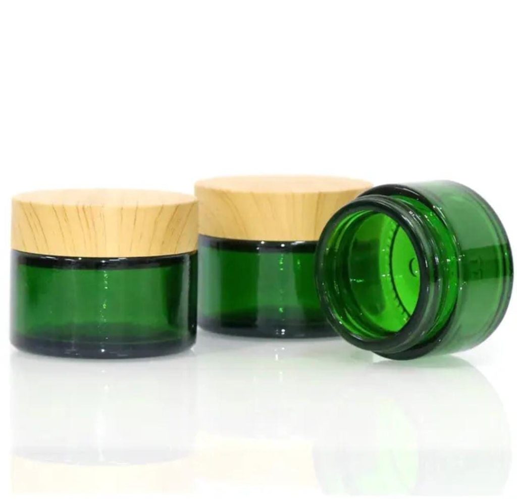 Pot En verre Vert Cosmétique 50g Avec Couvercle En Bois Plastique