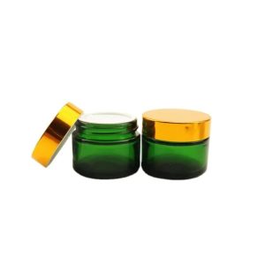Pot Cosmétique En Verre Vert 50g Avec Couvercle Doré