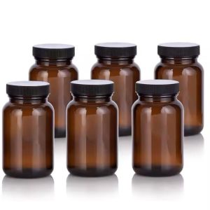 Flacon Pilulier en Plastique Marron Ambré pour les Médicaments et Compléments alimentaires avec Bouchon à Vis Noir emballage alimentaire