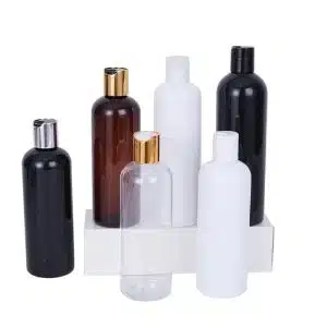 Bouteille cosmétique en plastique PET avec bouchon disque doré ou argenté – Plusieurs couleurs