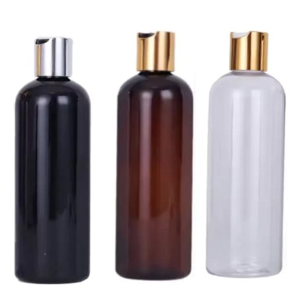 Bouteille cosmétique en plastique PET avec bouchon disque doré ou argenté – Plusieurs couleurs emballage maroc