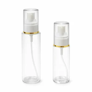 Flacon cosmétique en plastique transparent avec pompe blanche et bague dorée de luxe emballage maroc (1)