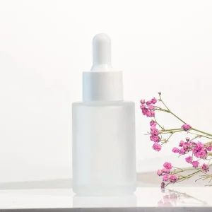 Flacon cylindrique en verre mat givré à épaule plate de 30 ml avec bouchon compte-gouttes blanc pour sérum de soin de la peau et emballage d'huile essentielle emballage de luxe maroc