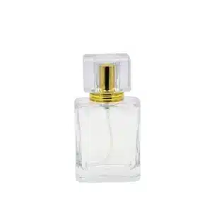 Flacon de parfum carré en verre transparent avec pulvérisateur doré et capuchon acrylique emballage casablanca pour parfum