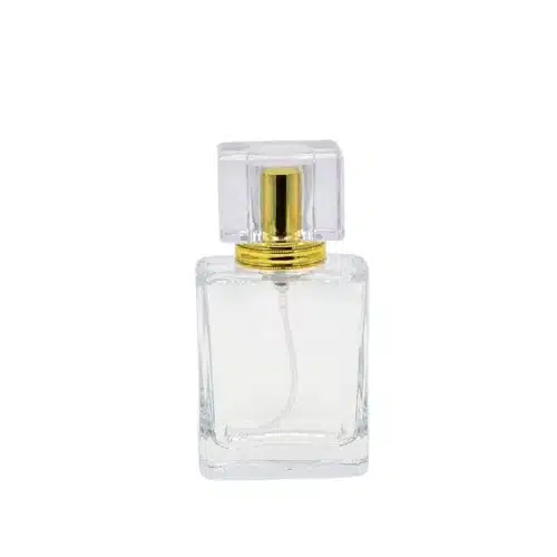 Flacon de parfum carré en verre transparent avec pulvérisateur doré et capuchon acrylique emballage casablanca pour parfum